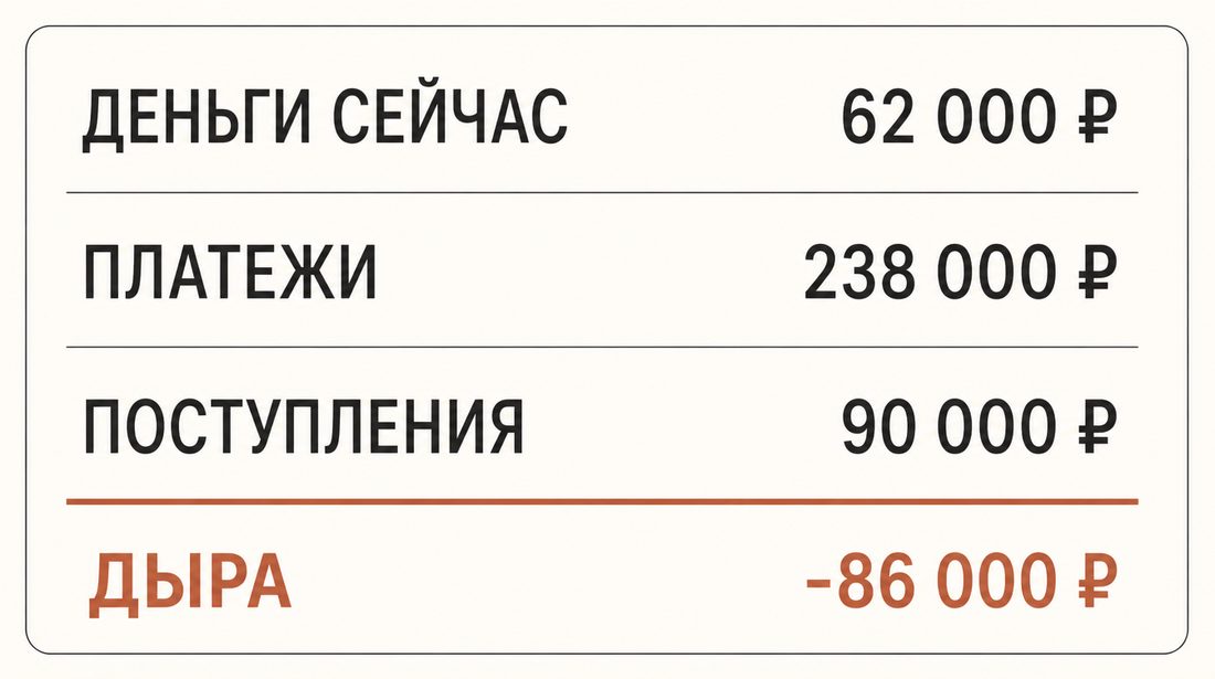 Расчёт дыры: деньги сейчас, платежи, поступления и итоговая дыра