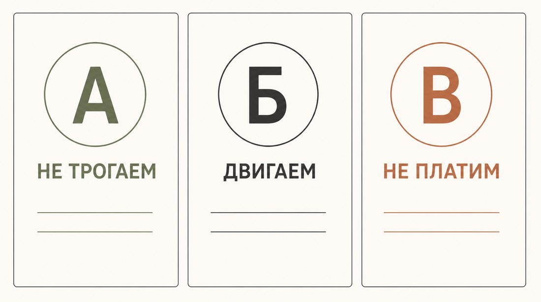 Три корзины платежей: А не трогаем, Б двигаем, В не платим
